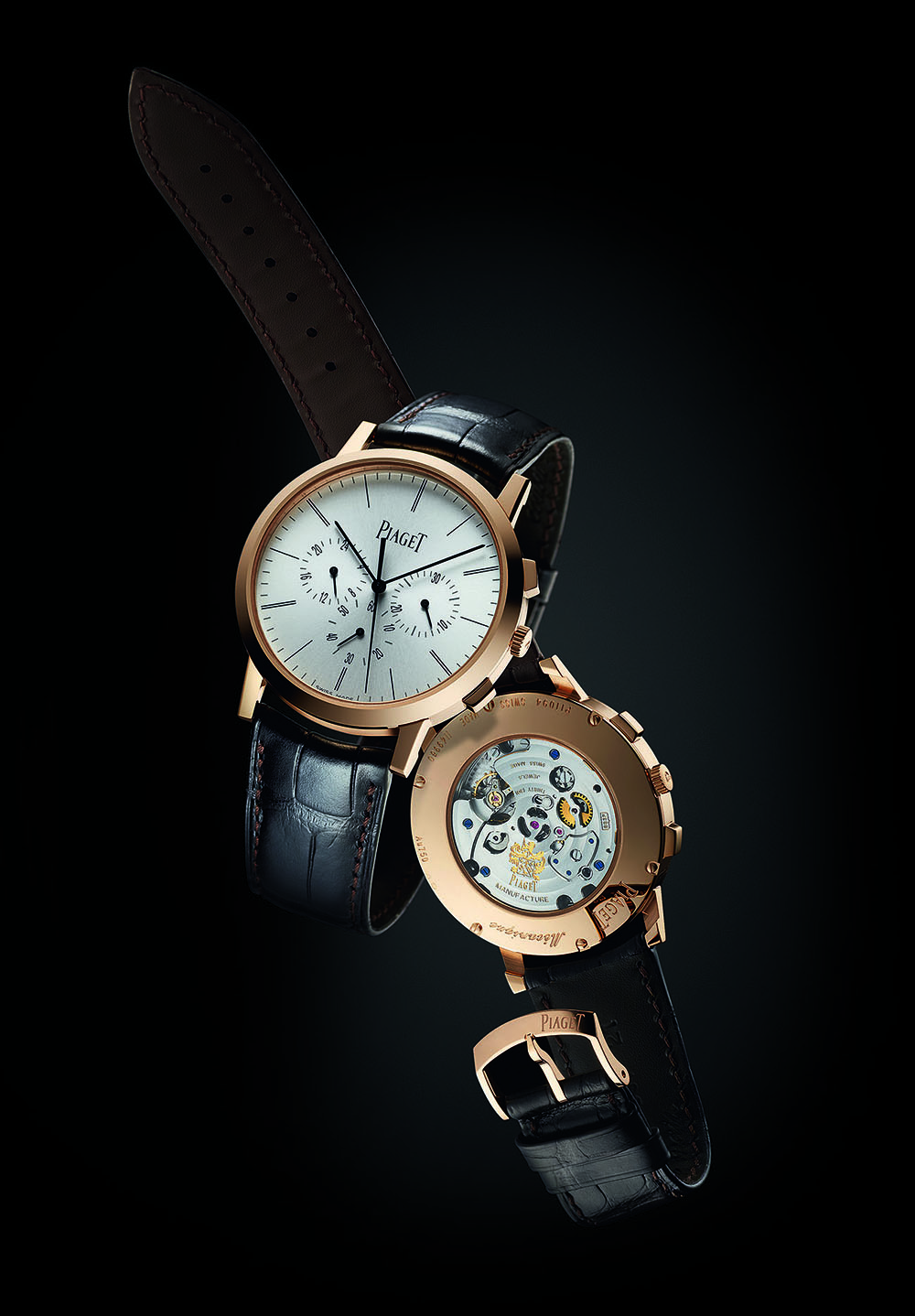 REFERENCE: GOA40030 MOVEMENT: In-house Caliber 883P, hand-wound, flyback chronograph, diameter = 27 mm, height = 4.65 mm, 28,800 vph, 30 jewels, 50-hour power reserve CASE: Rose gold, diameter = 41 mm, height = 8.24 mm, flat sapphire crystal, screw-down crown, sapphire caseback secured by six screws, water-resistant to 30 meters STRAP AND CLASP: Alligator strap with rose-gold buckle VARIATIONS: White gold with diamond bezel