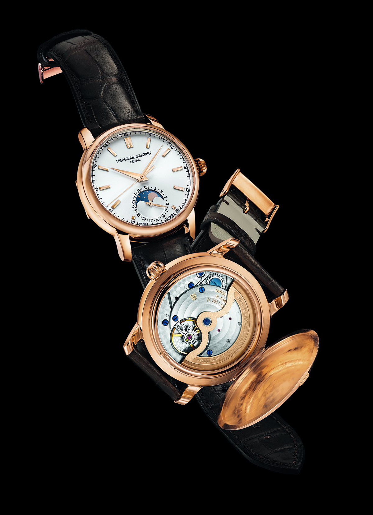 REFERENCE: FC-715V4H4 MOVEMENT: In-house Caliber FC715, automatic, moon-phase display, diameter = 30.5 mm, height = 8.1 mm, 28,800 vph, 26 jewels, 42-hour power reserve CASE: Rose-gold-plated stainless steel, diameter = 40.5 mm, height = 12.4 mm, curved sapphire crystal with non-reflective coating on both sides, screw-down caseback with sapphire window and hinged caseback cover, water-resistant to 30 meters STRAP AND CLASP: Alligator strap with rose-gold-plated stainless-steel buckle VARIATIONS: Stainless steel without gold plating