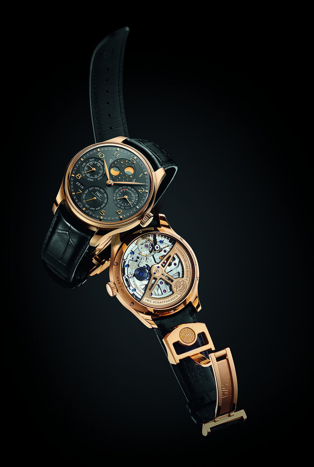 REFERENCE: IW503404 MOVEMENT: In-house Caliber 52615, automatic, perpetual calendar with double moon-phase and day displays, power-reserve indicator, diameter = 37.8 mm, height = 9 mm, 28,800 vph, 54 jewels, seven-day power reserve CASE: Rose gold, diameter = 44.2 mm, height = 15.3 mm, curved sapphire crystal with non-reflective coating on both sides, screw-down crown, sapphire caseback secured with six screws, water-resistant to 30 meters STRAP AND CLASP: Alligator strap with rose-gold folding clasp VARIATIONS: White gold