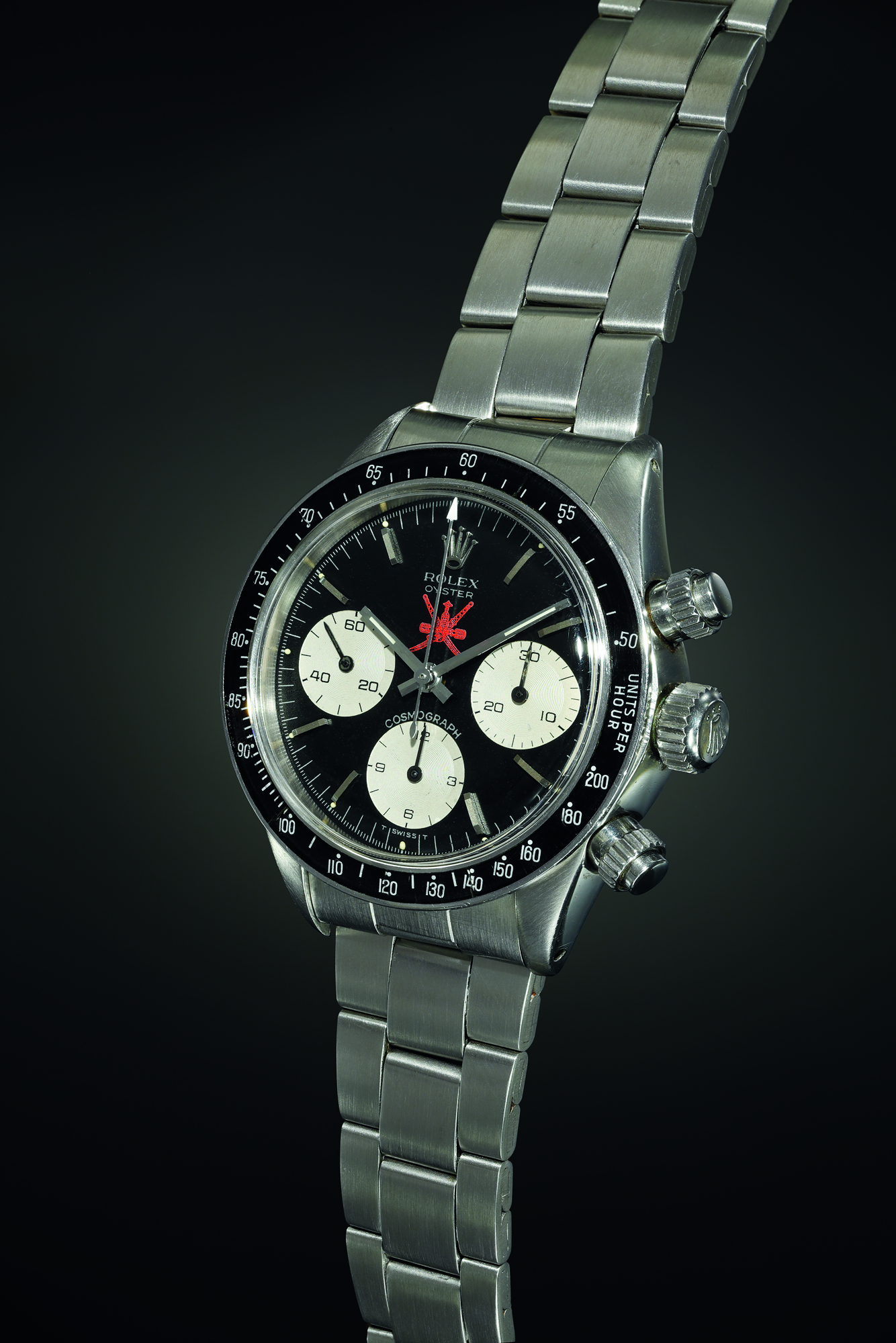 An extremely rare and highly attractive stainless steel chronograph wristwatch with black dial and bracelet, made for the Sultanate of Oman and retailed by Asprey. Realised CHF 1,212,500