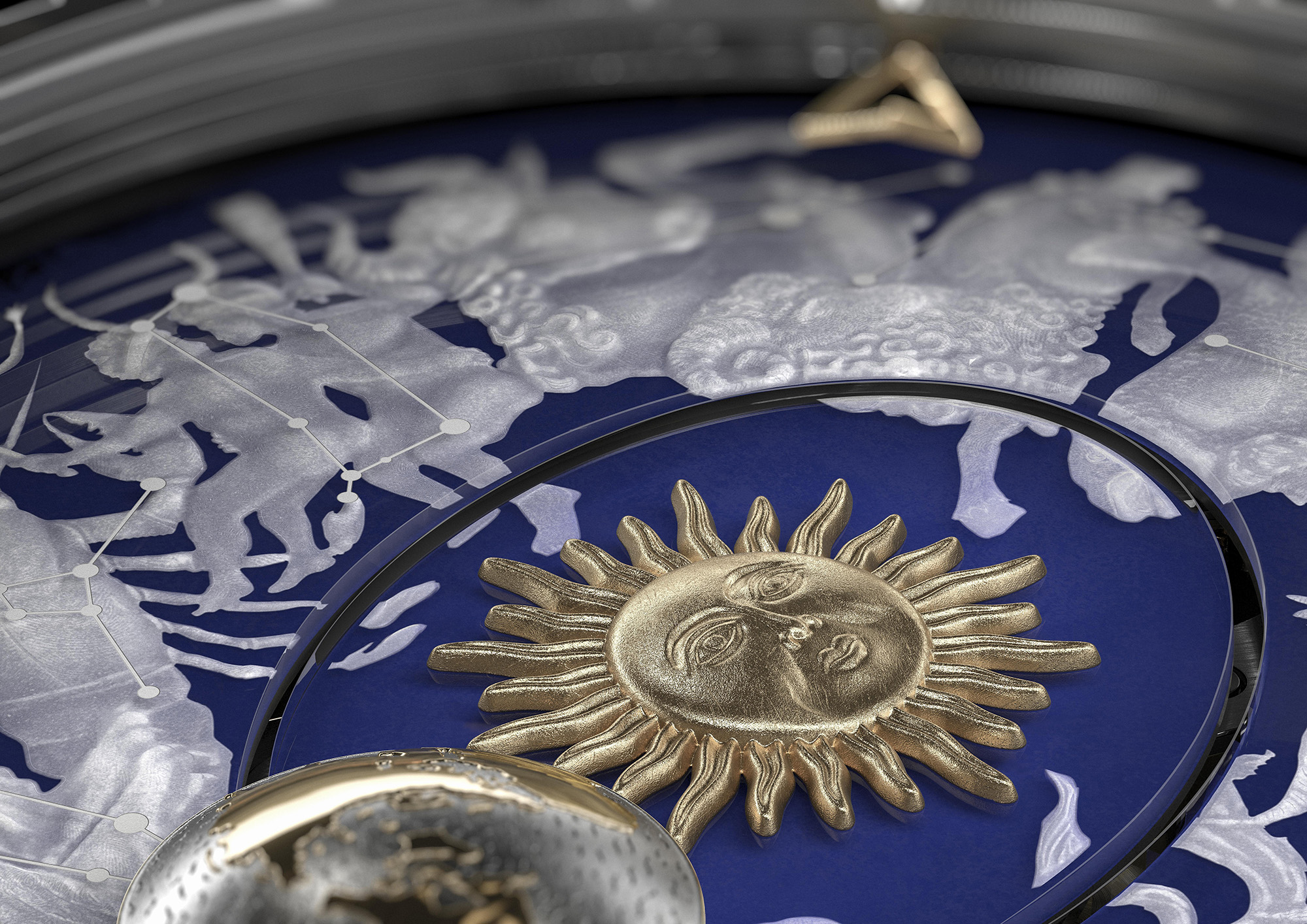 The Earth is hand-engraved, and the zodiac signs are further complemented with a 3D-effect star-studded sky.