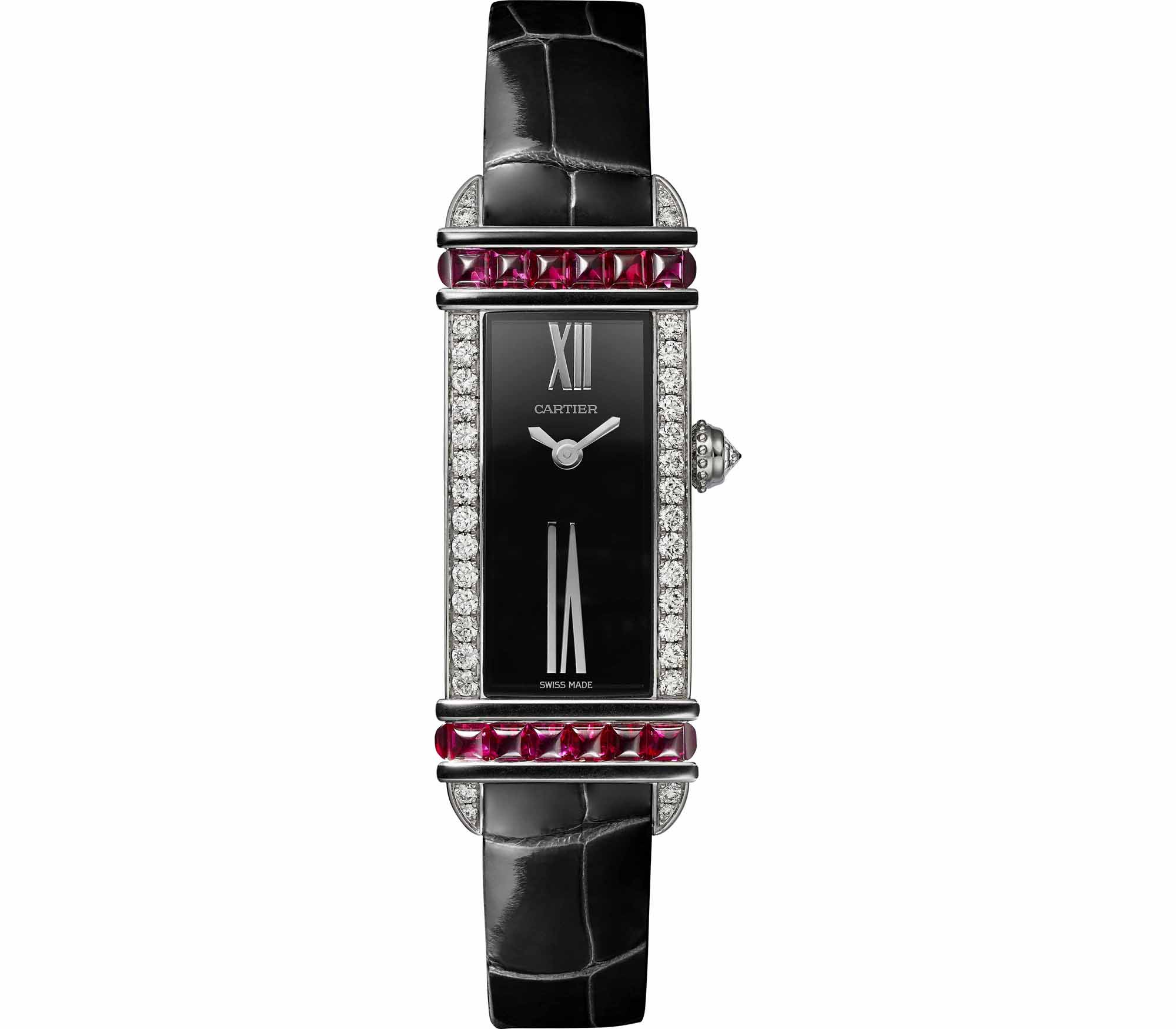 Limited to 100 pieces, this quartz white gold timepiece takes the Tank Chinoise to the next level with its prism of colours. The rectangular case is bordered with two lintels of calibrated rubies which are highlighted by black enamel and adorned with diamonds on the edges. 