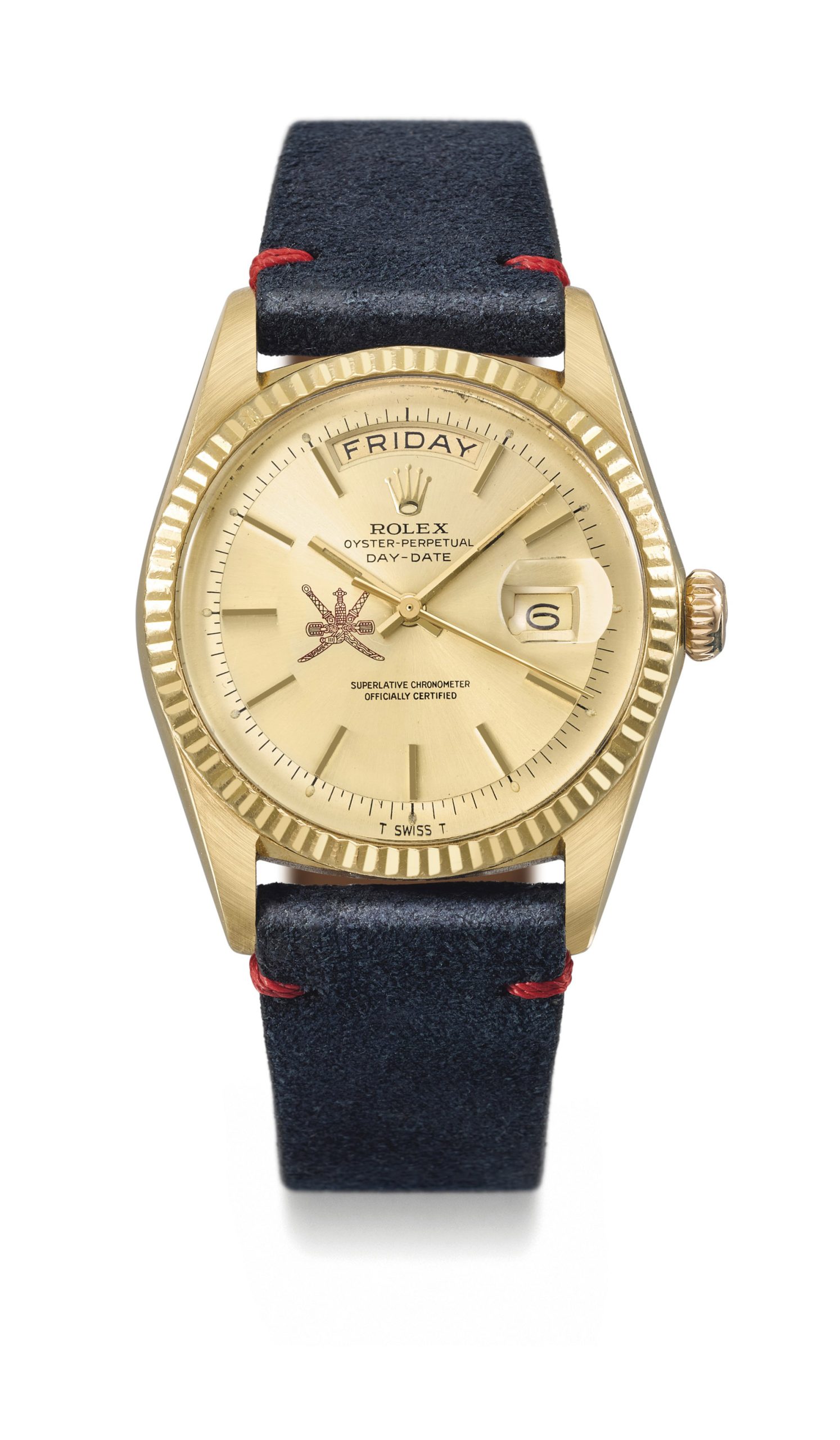 Rolex. A very fine and rare 18k gold automatic wristwatch with sweep centre seconds, day and date, made for the Sultanate of Oman Ref. 1803, Circa 1974 Estimate CHF 15,000 – 25,000