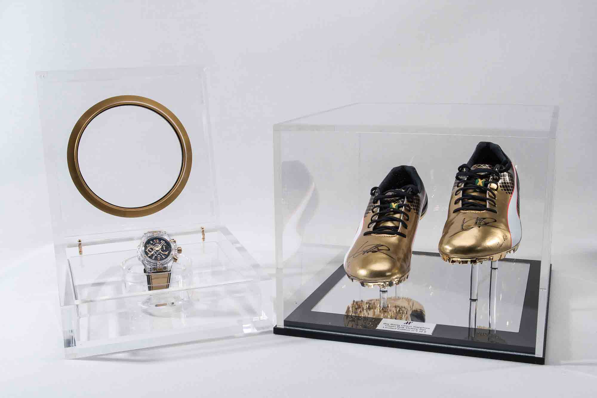 Each of these eight watches shall be delivered in a box including a pair of Puma Gold sprinting spikes, the same shoes worn by Usain Bolt during his final Olympic Games in 2016, and personally signed by the great champion.