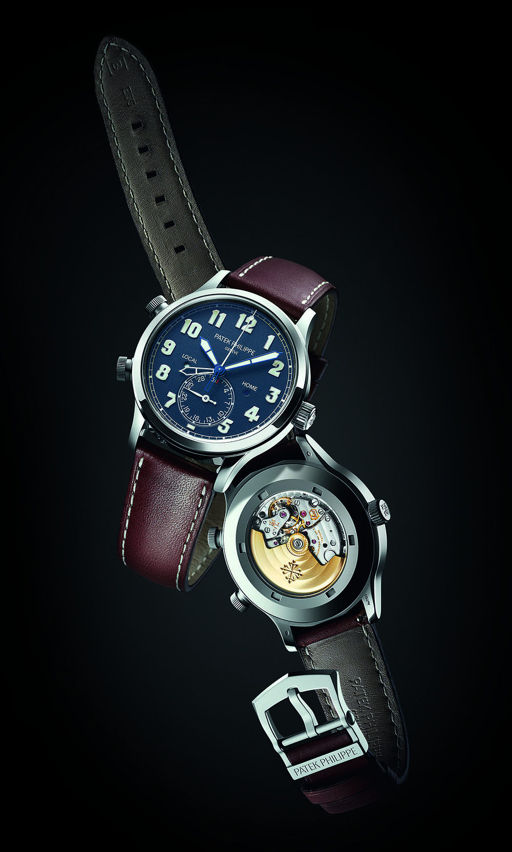 REFERENCE: 5524G MOVEMENT: In-house Caliber 324 S C FUS, automatic, second time zone, two day-night indicators, diameter = 31 mm, height = 4.8 mm, Gyromax balance, 28,800 vph, 29 jewels, 40-hour power reserve CASE: White gold, diameter = 42 mm, height = 10.8 mm, sapphire crystal with non-reflective coating, screw-down caseback with sapphire window, water-resistant to 60 meters STRAP AND CLASP: Calfskin strap with white-gold buckle