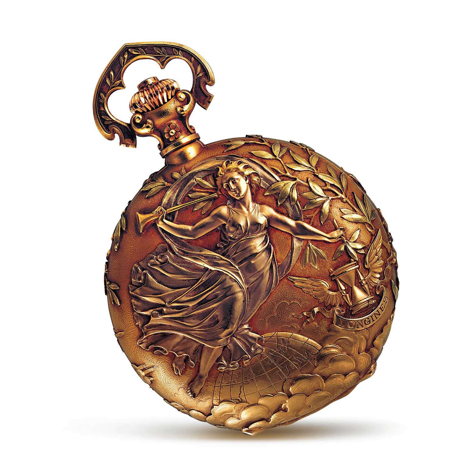 Longines won the Grand Prix at the Universal Exhibition in Paris in 1900 with a pocket watch named La Renommée, containing the 21.59-calibre chronometer. The timepiece is here on display. 