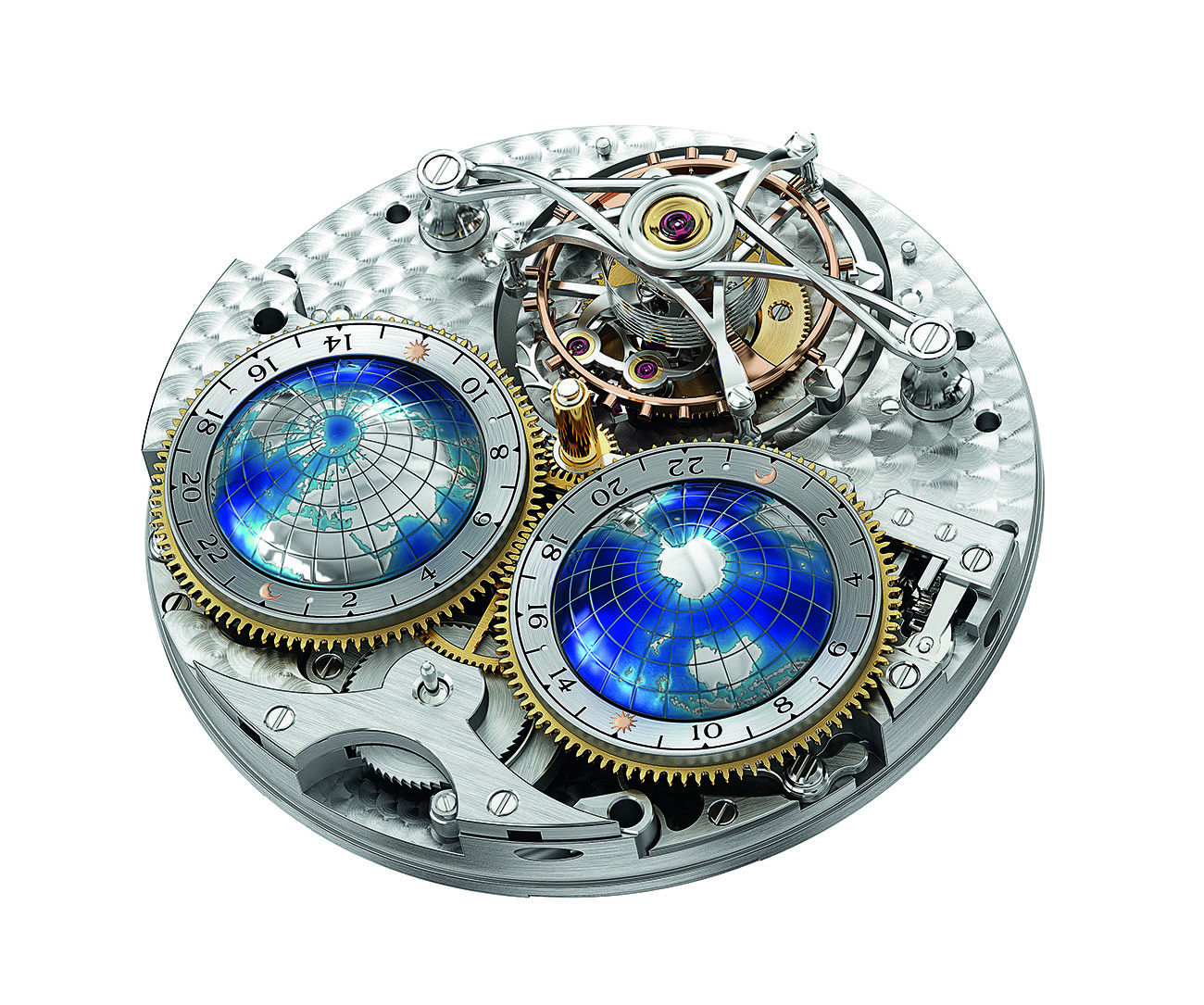 This hand-wound Caliber MB M68.40 gives the time in two time zones. It also powers two 24-hour rings that rotate around models of the Northern and Southern Hemispheres. An added bonus is the patented tourbillon with a cylindrical balance spring, spinning at 12 o’clock.