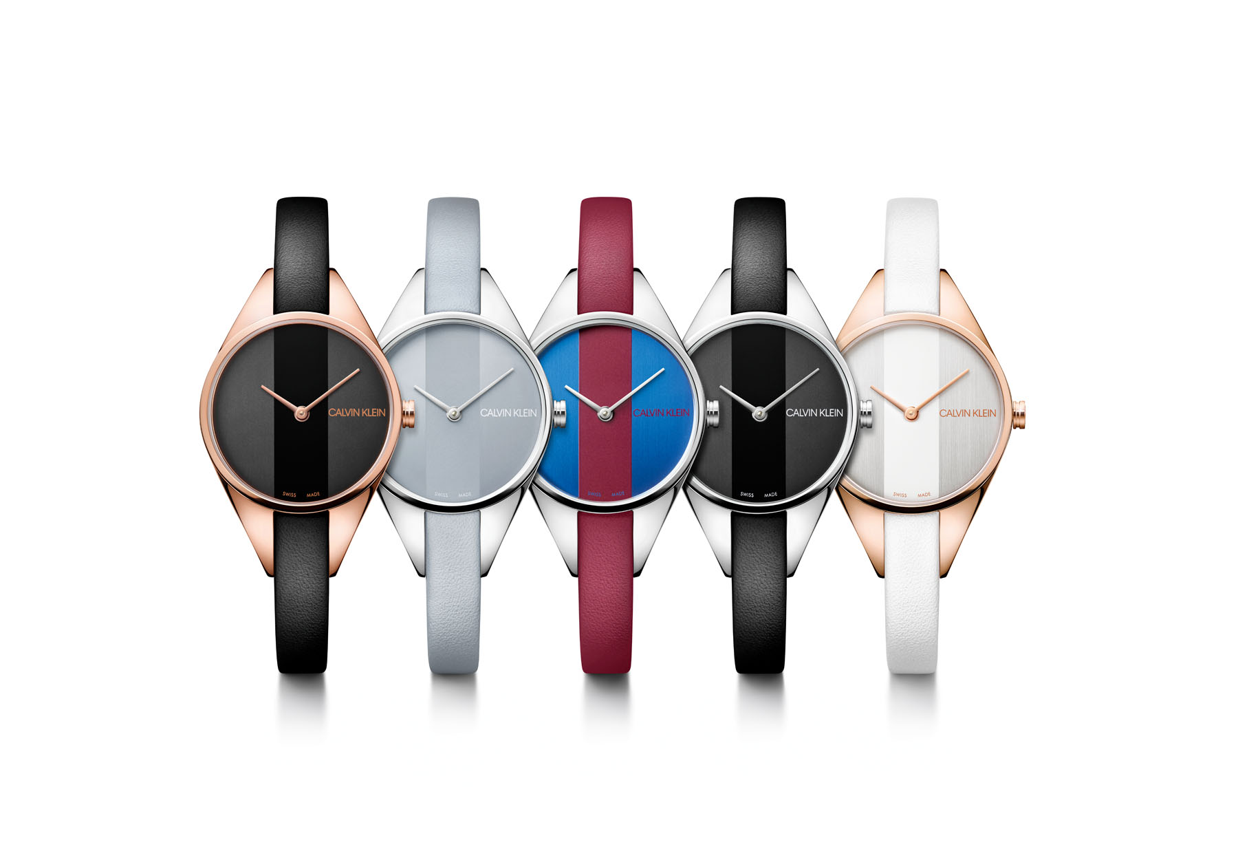 Playful and rebellious, the watch offers five variations with contrasting leather straps in white, red, blue, cream and to go with the dials –black, blue, silver - on stainless steel or black PVD cases.