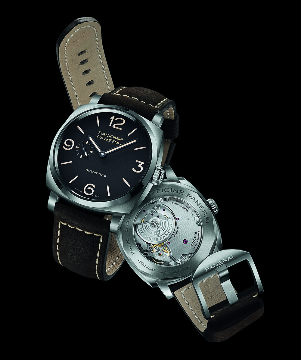REFERENCE: PAM00619 MOVEMENT: In-house Caliber P.4000, automatic, diameter = 31 mm, height = 4 mm, 28,800 vph, 31 jewels, 72-hour power reserve CASE: Titanium, diameter = 45 mm, height = 12.2 mm, curved sapphire crystal with non-reflective coating on the outside, screw-down caseback with sapphire window, water-resistant to 100 meters STRAP AND CLASP: Buffalo leather strap with titanium buckle VARIATIONS: Stainless steel; rose gold