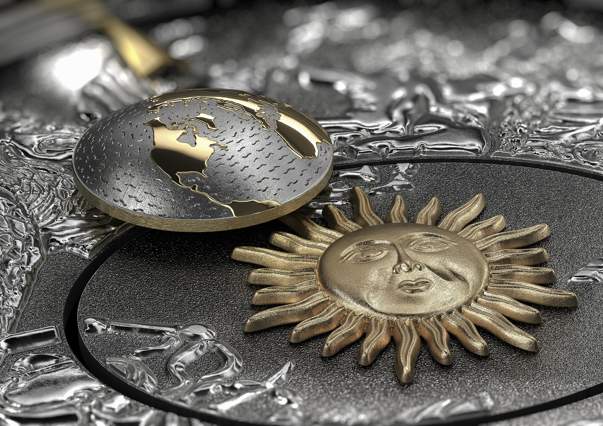On the Earth orbiting around a flaming gold Sun, the oceans are covered with microscope waves achieved by engraving effects, while the contrasting continents are polished to accentuate the luminosity of the gold.