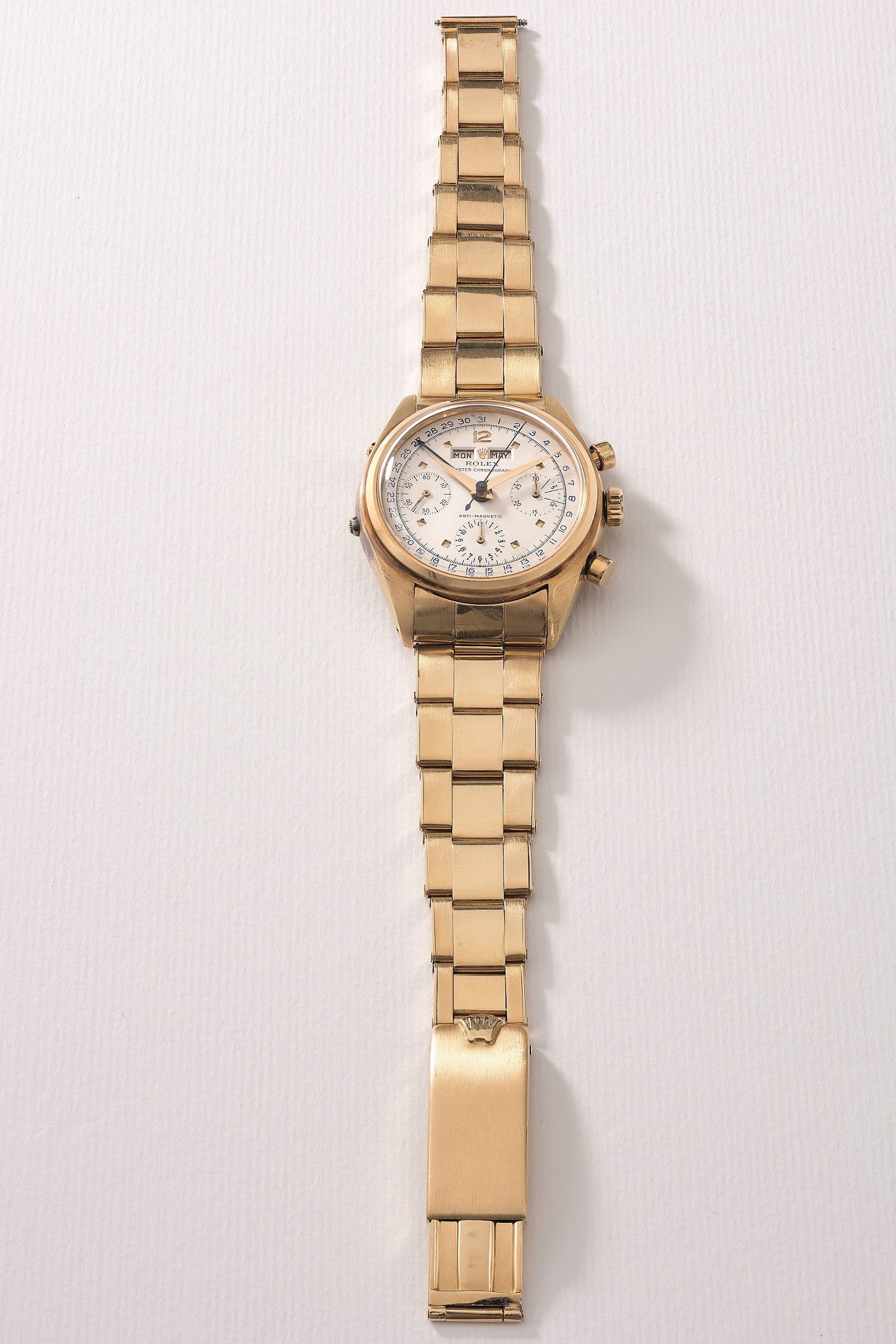 The only vintage Rolex series to feature a triple calendar and chronograph complication, the reference 6036 is named after the legendary three-time Olympic ski champion and Rolex testimonee Jean-Claude Killy. The Killy 6036 comes with the original riveted, expandable bracelet and a rare dial featuring yellow gold indexes and hands. 