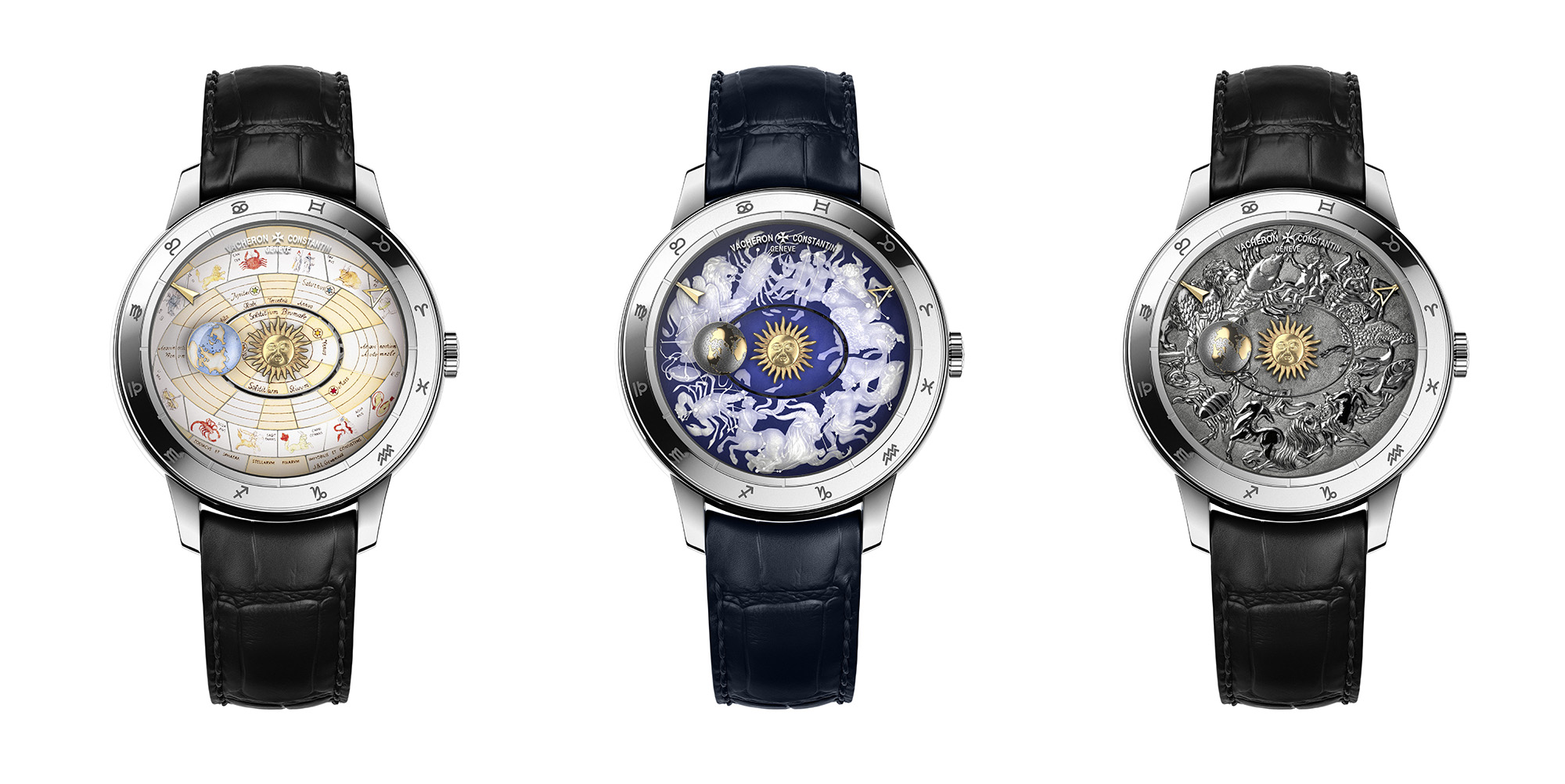 Each timepiece takes inspiration from the graphic interpretations of the colorful sky map -  Harmonia Macrocosmica - by Andreas Cellarius, a 17th century Dutch-German cartographer. The dials comprise of two distinct parts – the oval centre bearing the Sun with glowing hand-engraved pink gold face, and the outer disc which is dedicated to the three decorative craft variations.