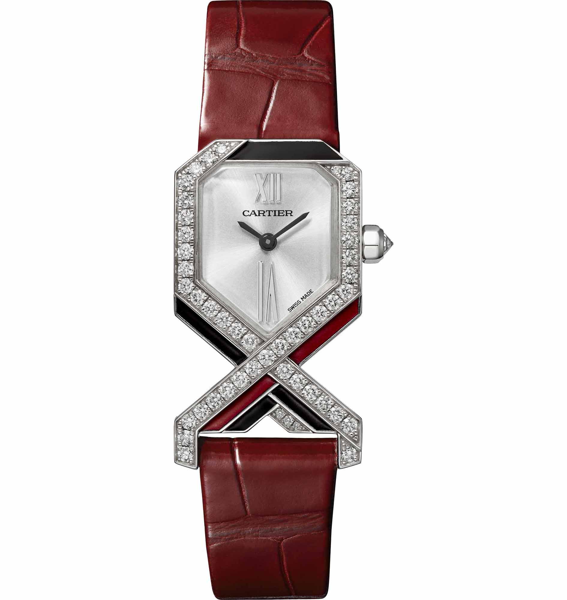 The 50-piece limited edition quartz is straight from the Maison's sketchbook with its contorted features like the lines of red or black enamel with paved diamonds. 