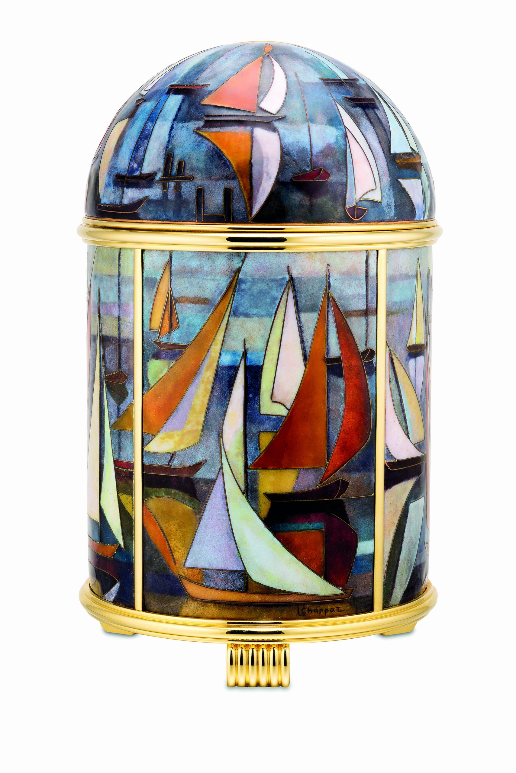  An extremely fine and unique gilt brass solar power dome table clock with pocket watch movement and cloisonné enamel scene 'Jeux de Voiles' by Madame Luce Chappaz, retailed by Cartier, reference 766, manufactured in 1969