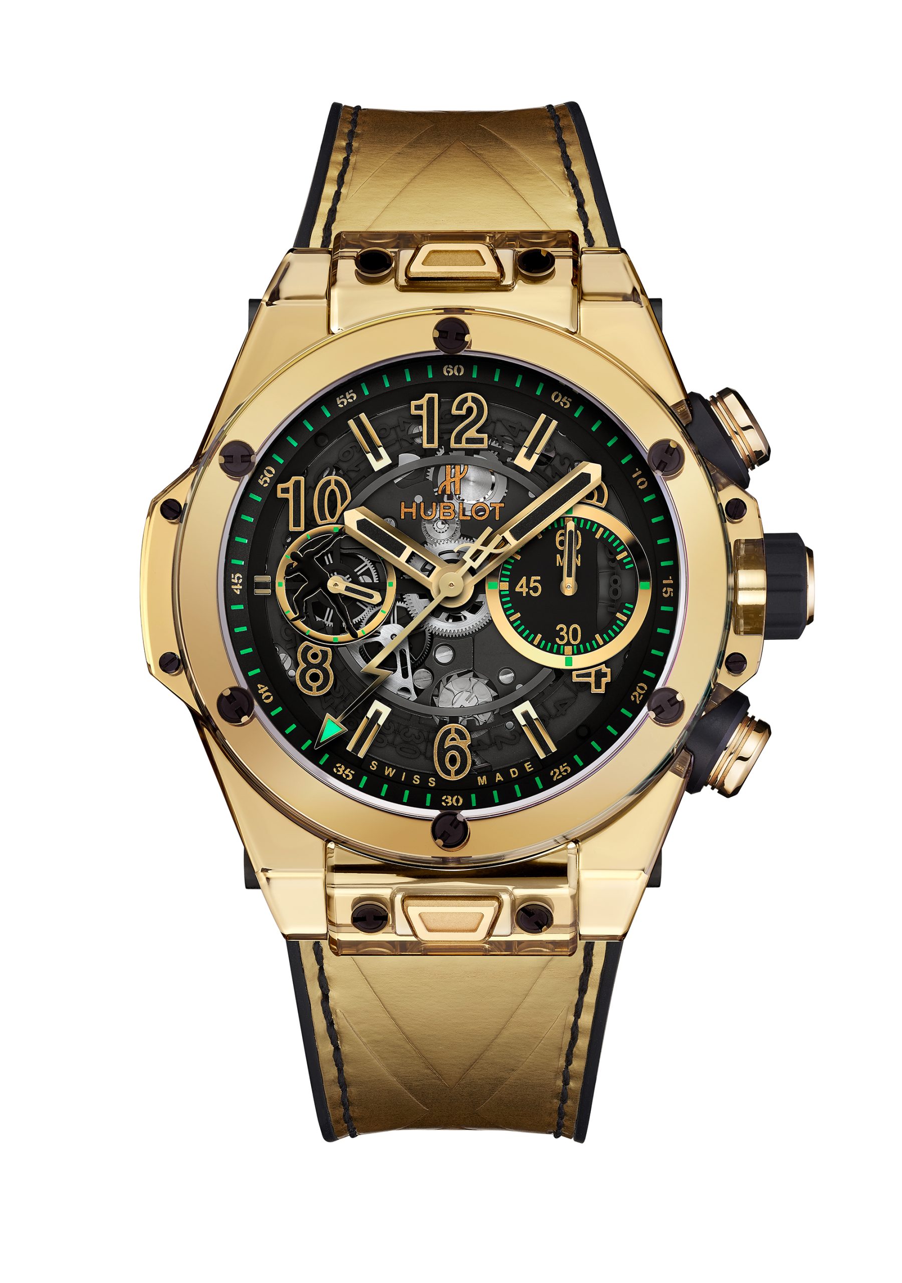 The very exclusive second model will only be made in one edition. Its sapphire case is covered with gold plate, a great first! Etched with “Unique Piece” (Single Edition) on its back.