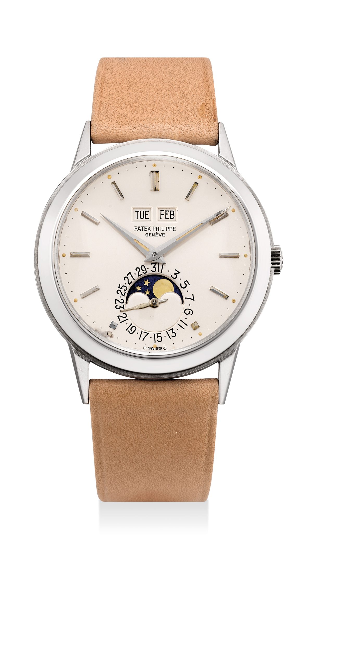 White gold perpetual calendar with moonphase, luminous indexes and hands. The set comes complete with the original certificate and the fitted presentation box. Sold for $518,332
