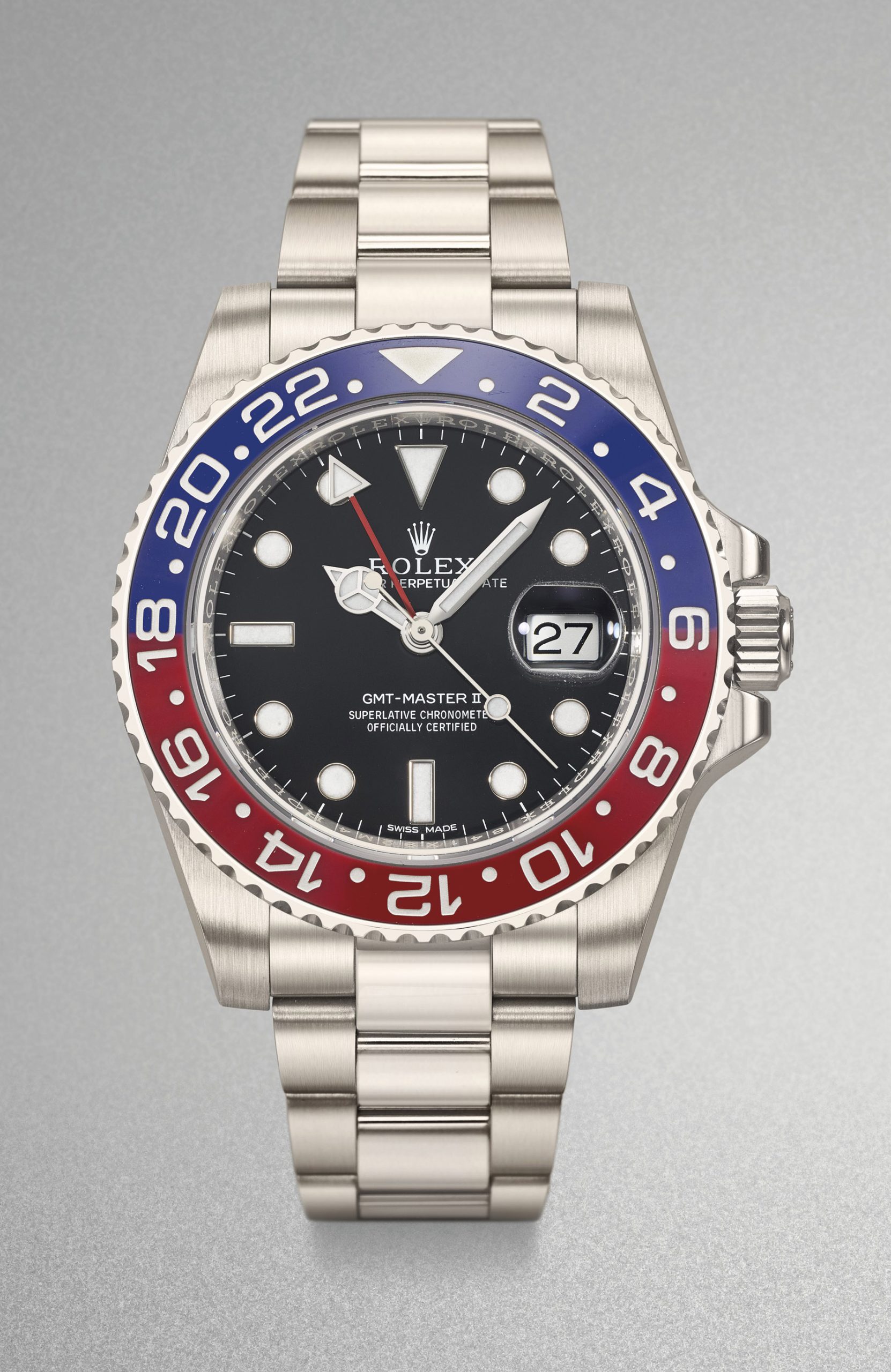 Rolex. A very fine 18K white gold dual time wristwatch with sweep centre seconds, date and bracelet Ref.116719blro, circa 2014 Estimate CHF 20,000 – 30,000