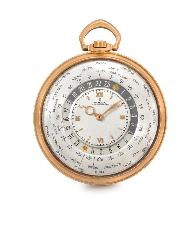 A rare pink-gold Rolex world time watch with a Louis Cottier system, circa 1945, it's one of the only three known to exist till date. 