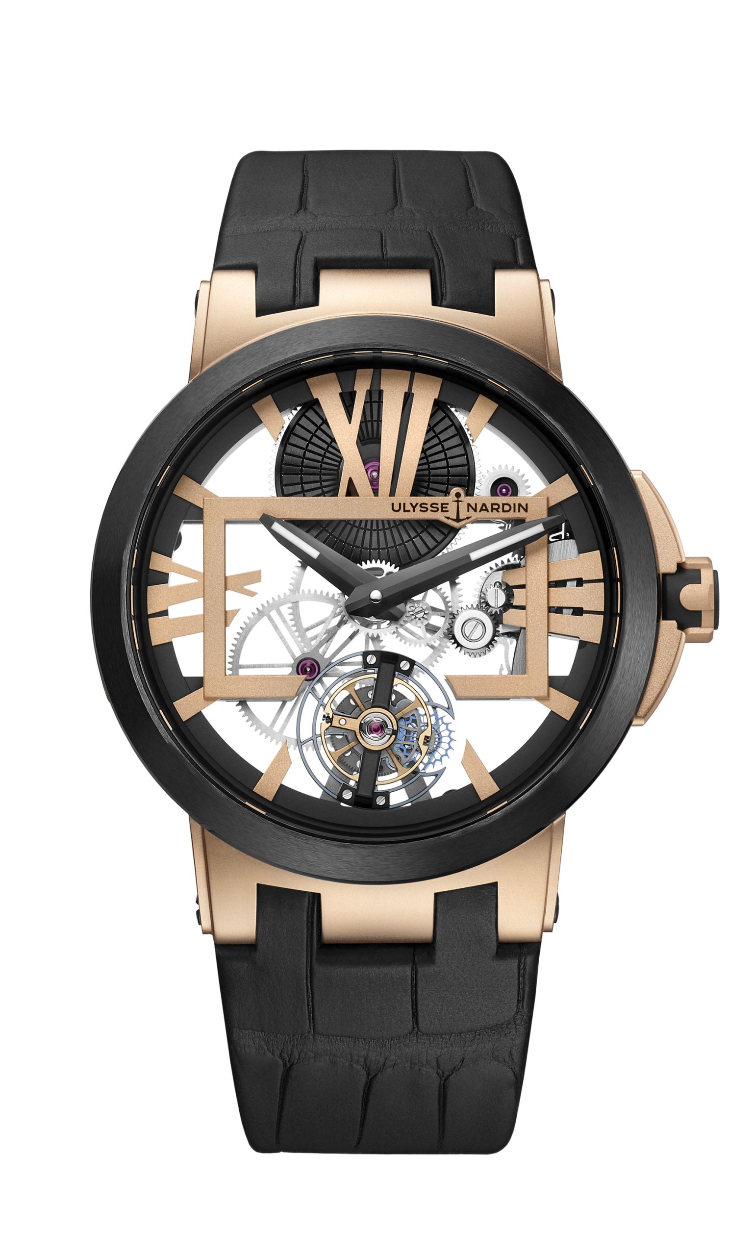A flying tourbillon on a skeleton base in a pink gold version. 