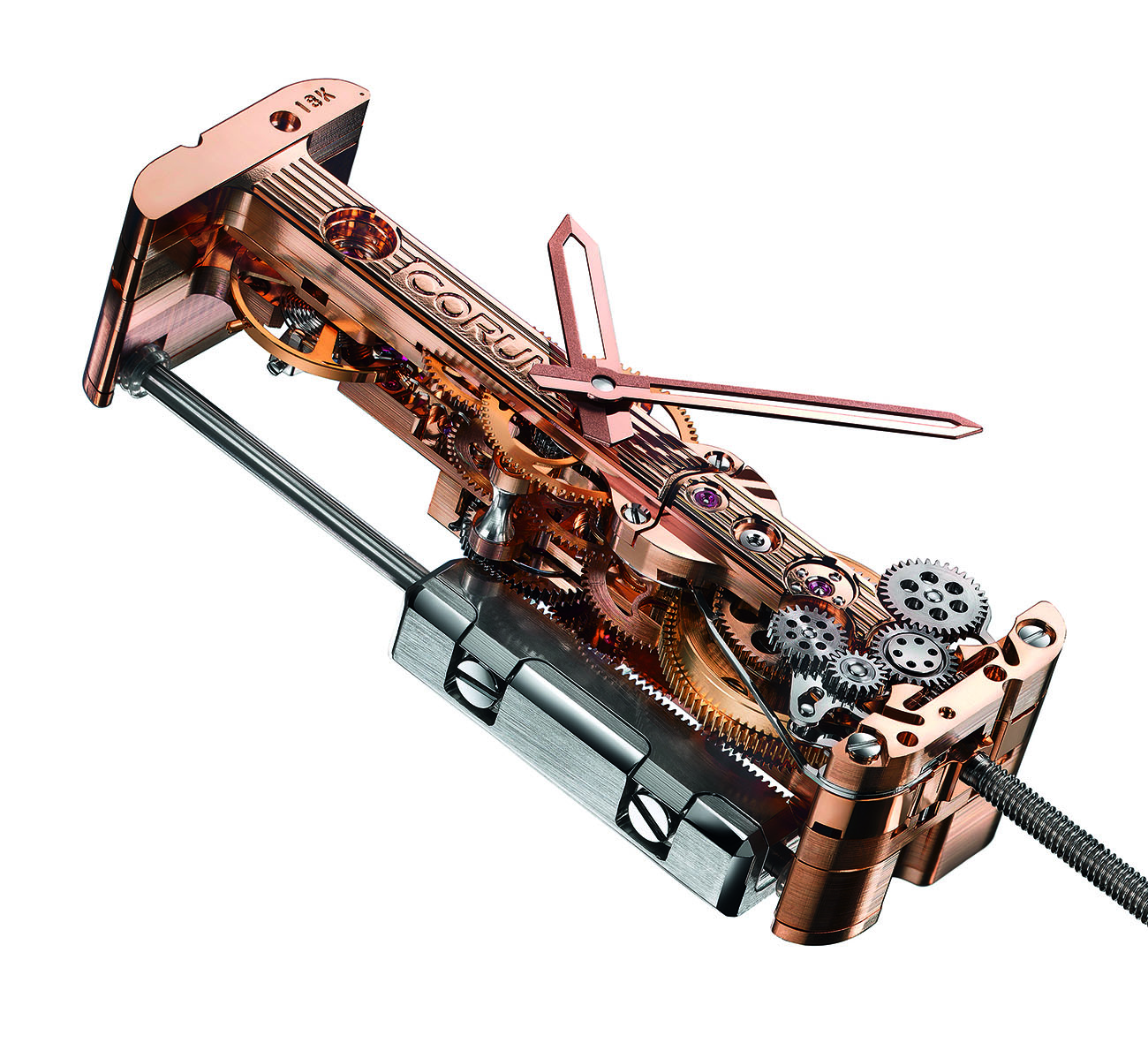 Created by Vincent Calabrese in 1980, the Calibre has since been a cult object for the brand. It was recently upgraded with an automatic winding system in 2011. Given the unorthodox structure of this particular timepiece, the movement does not have a traditional winding rotor, instead the winding weight moves linearly along two rails.