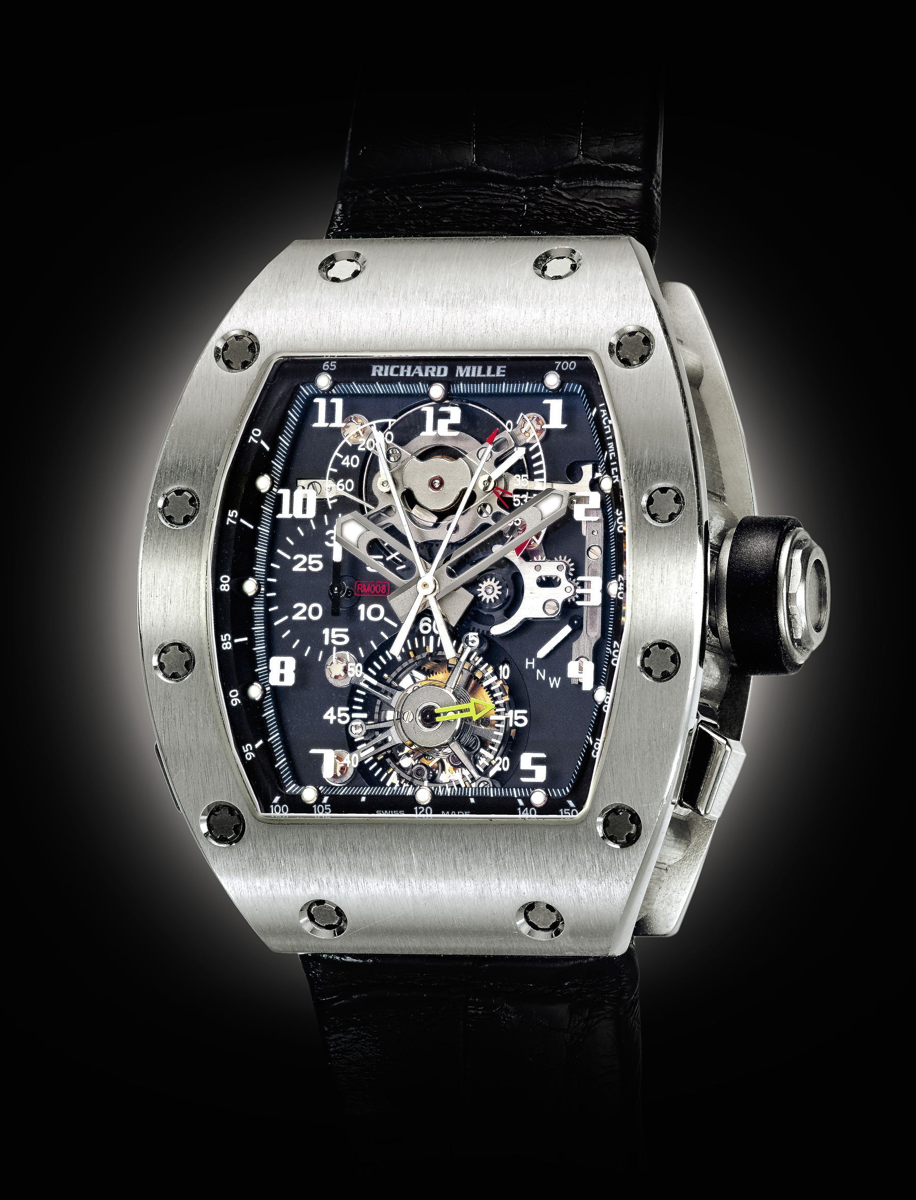 An Impressive Platinum Tonneau Form Tourbillon Split Seconds Chronograph Wristwatch With Power Reserve And Torque Indication Mvt 13 Rm008 Ag Pt No 24 Circa 2006