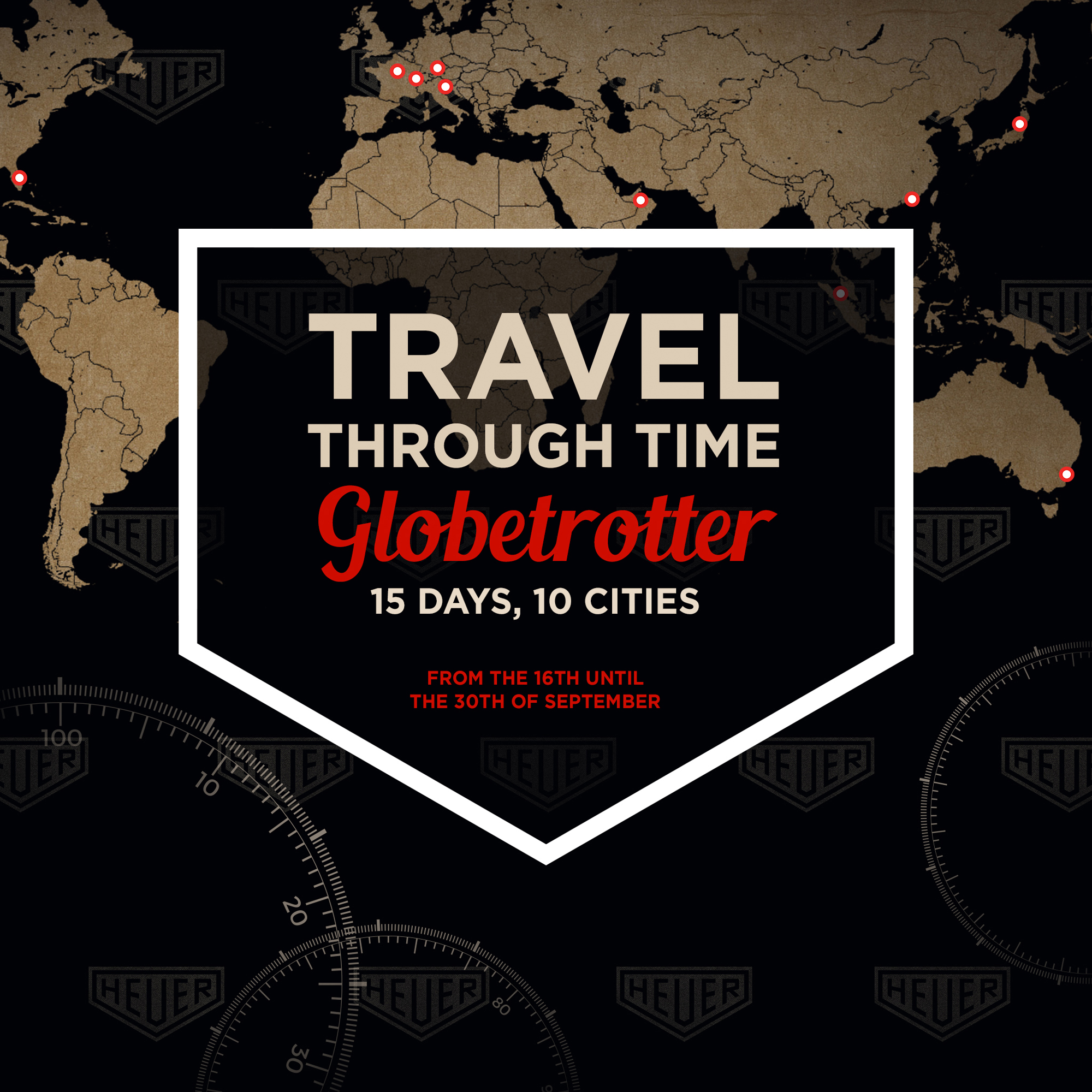 Held from the 13th - 16th of September, the exhibition will provide an extensive view  of the rich heritage of TAG Heuer. Paris – the classic Heuers; Geneva – the major inventions; Munich – the military watches; Venice - cars and timekeeping; Dubai – sailing and diving;, Hong Kong – cars and drivers; Sydney – multisports, Tokyo – design through history; Miami – design and Singapore – Formula 1, where the exhibition will be launched on September 13th in the presence of the Brand Ambassador Patrick Dempsey.