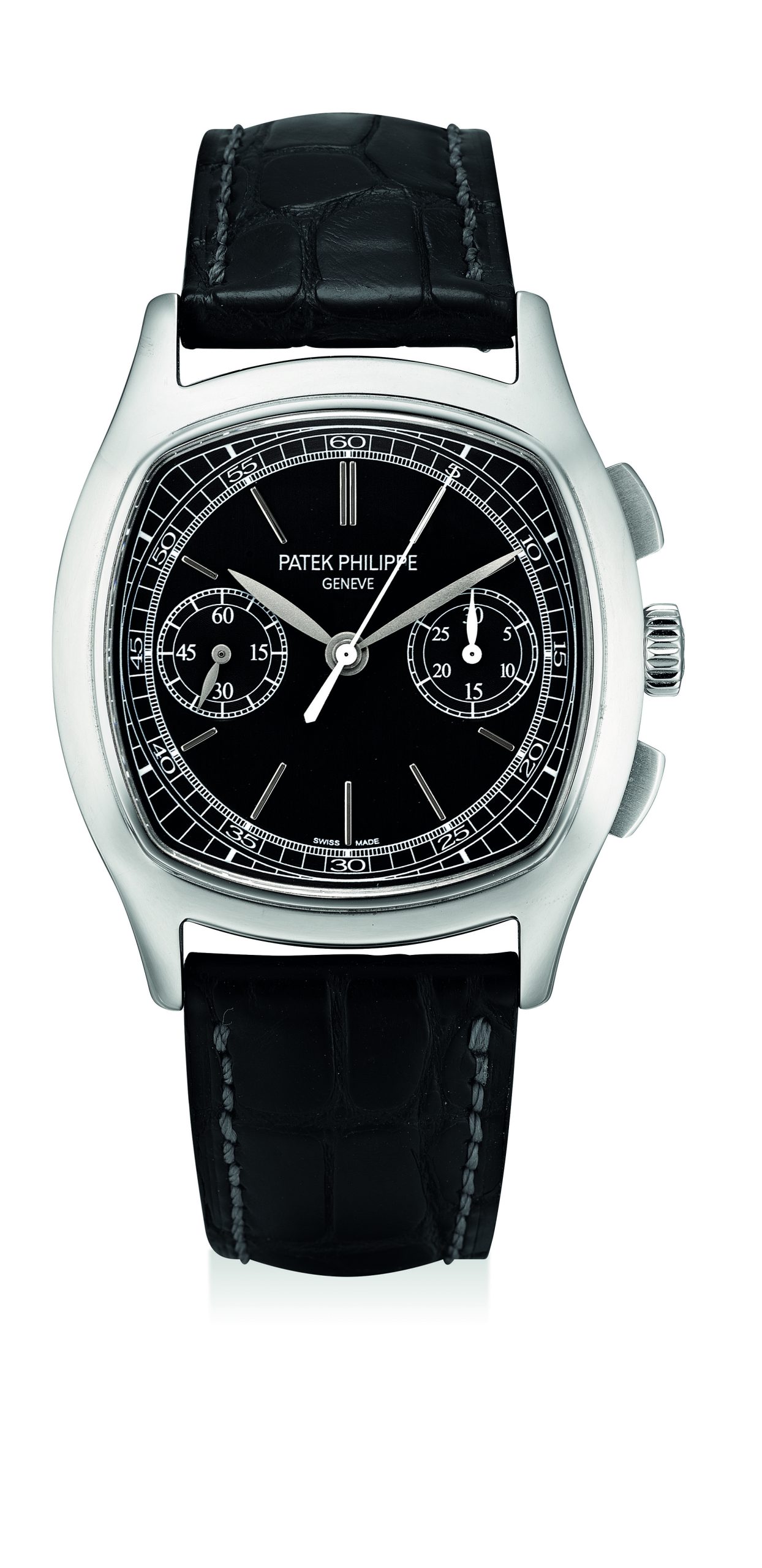 An extremely rare and highly important stainless steel limited edition chronograph cushion-shaped wristwatch with black dial, 1950’s movement and original certificate, reference 3670, circa 2012