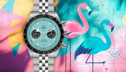 The latest addition to the Tudor Black Bay Chrono is a new “flamingo-blue” dial