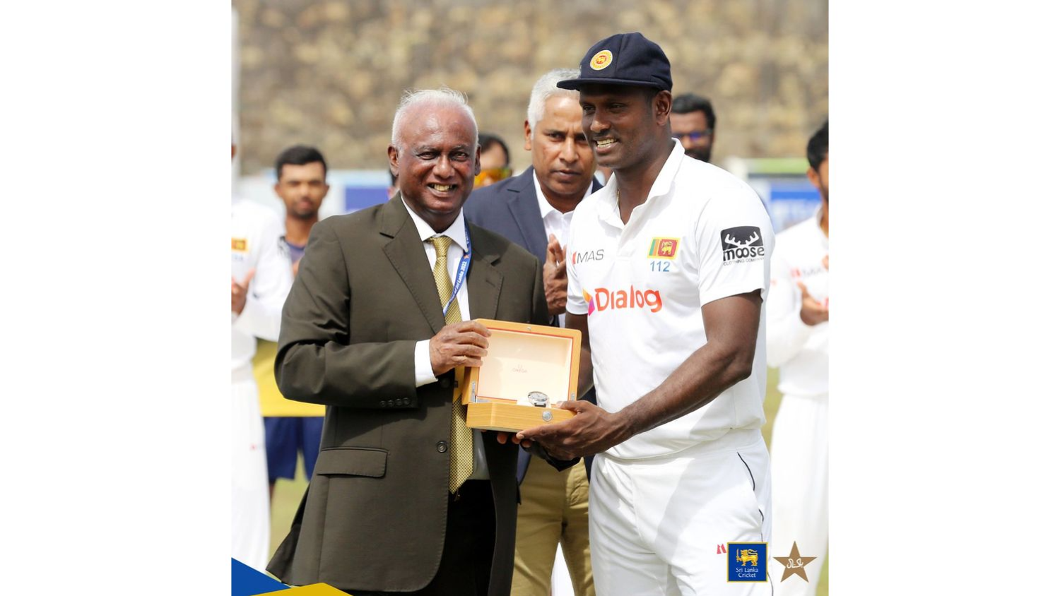 Which watch did cricketer Angelo Mathews get on completing his 100th test match?