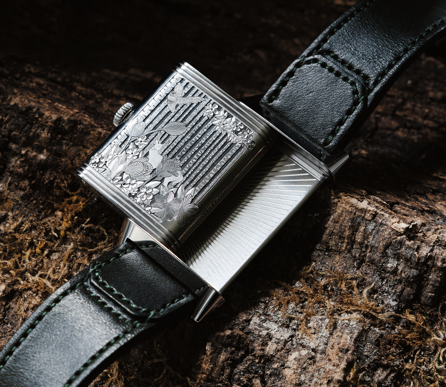 The highly detailed caseback of a Reverso