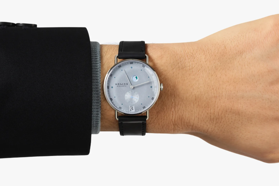 The ice-blue dial is inspired by urban architecture